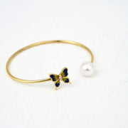 Natural Akoya Pearl Enamel Butterfly Open Bangle 8.85mm d0.03ct, 18K